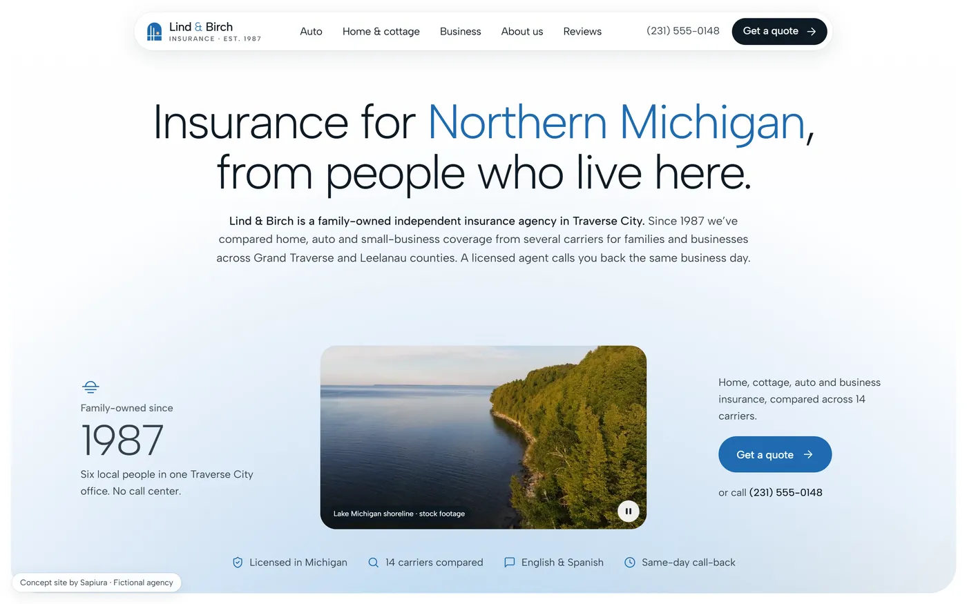 Homepage of Lind & Birch Insurance, a fictional independent agency in Traverse City, Michigan: a concept site built by Sapiura